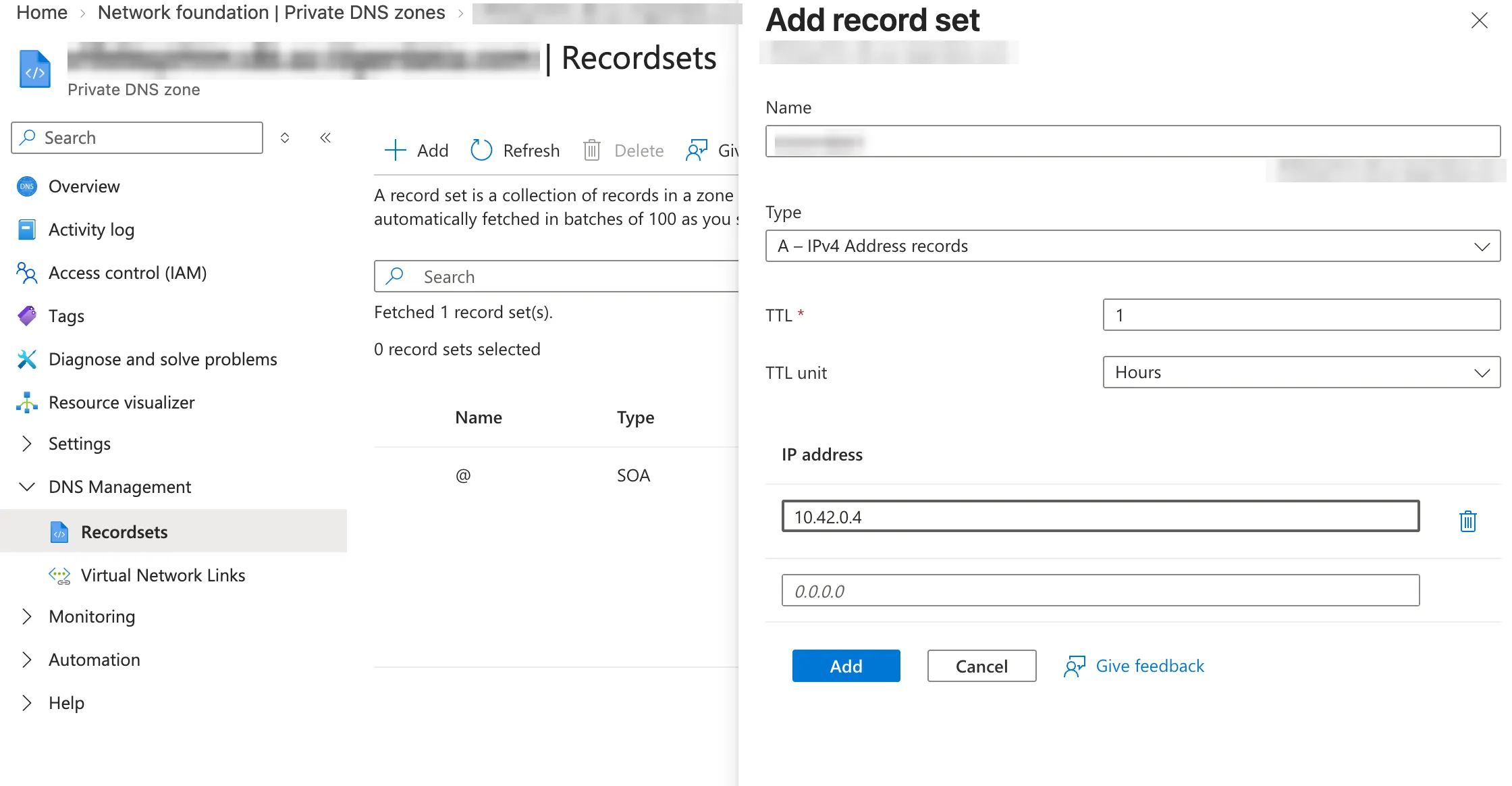 Adding an A record for the service hostname pointing at the private endpoint IP