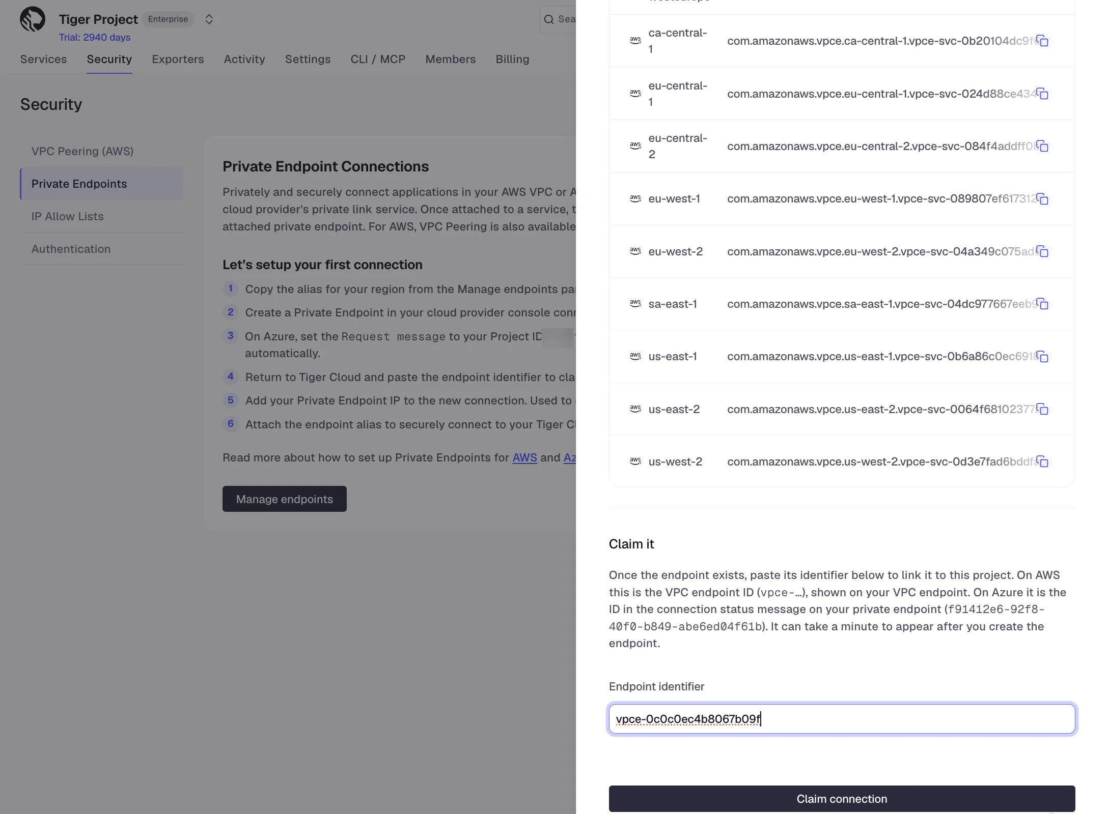 Claiming a private endpoint connection with the endpoint identifier