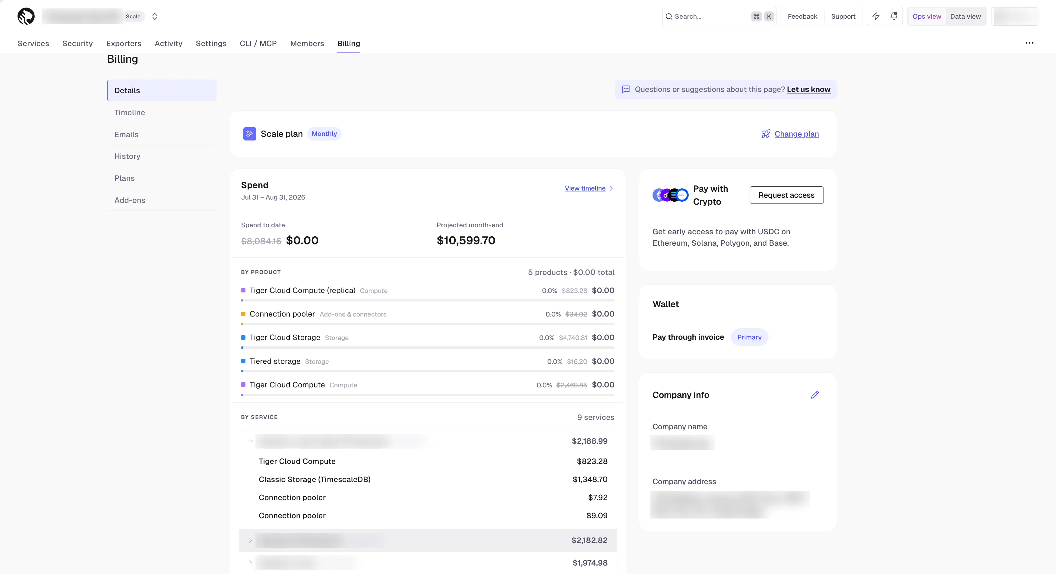 The Details page in the billing section of Tiger Cloud Console